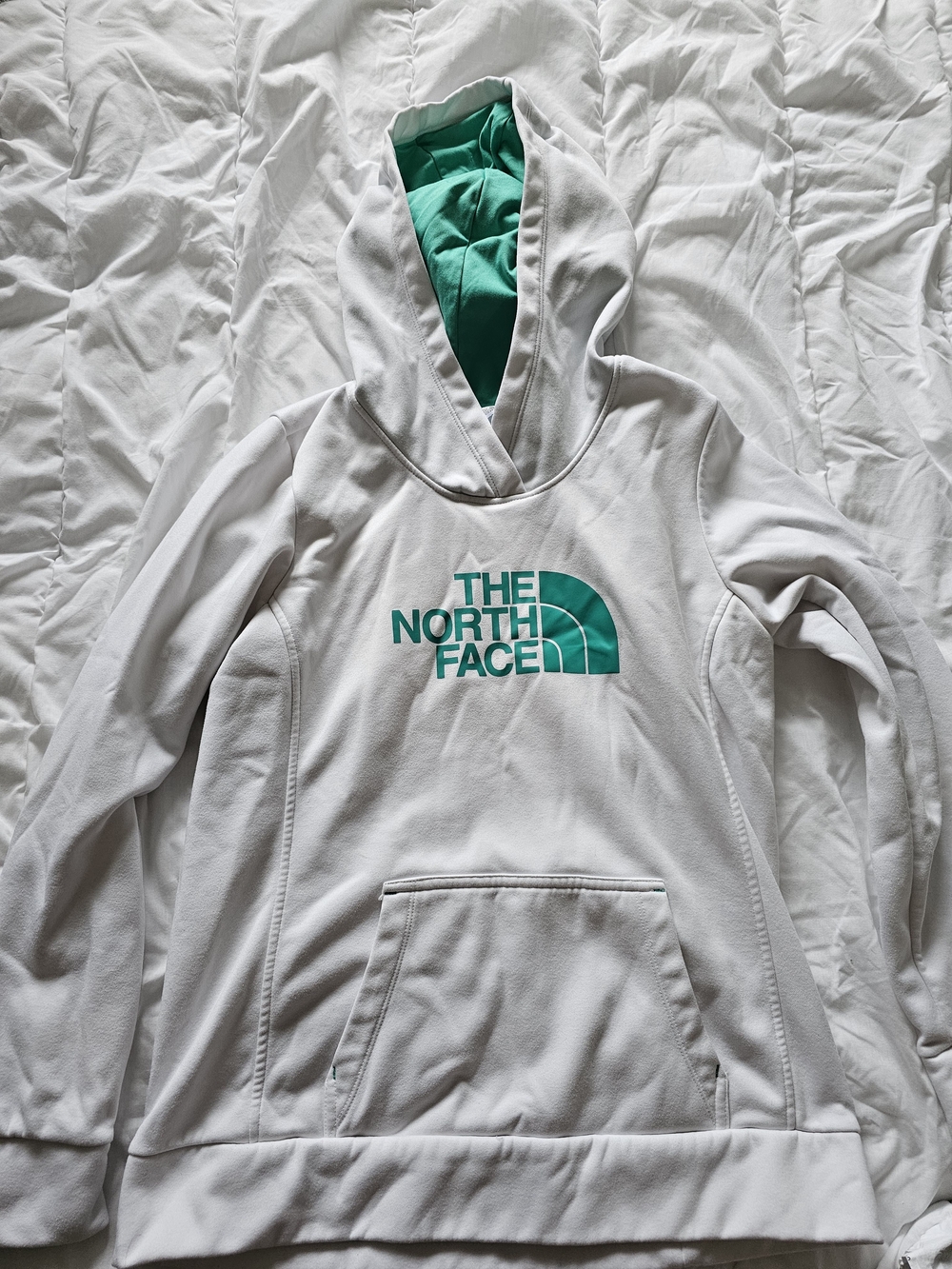 The North Face Women's White Hoodie with Teal Logo